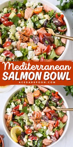 two bowls filled with mediterranean salmon and cucumber salad on top of a white table