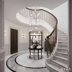 an elegant foyer with marble floors and chandelier