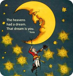 an old children's book cover with a man on the moon and stars in the sky