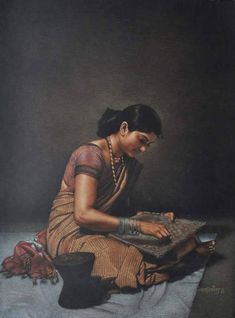 a painting of a woman sitting on top of a bed