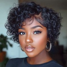 Soul Lady 13x4.5 HD Lace Full Frontal Wig Short Curly Wig Pixie Haircuts 6 Inches Boom Wigs- for black women- model Ends Hair Color, Bouncy Curly Hair, Side Part Hair, Short Wigs For Black Women, Black Color Hair, Short Curly Wig, Curly Bob Wig, Part Hair, Side Part Hairstyles