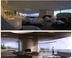 two pictures of a living room with couches and tables in the foreground, an ocean view from the other side