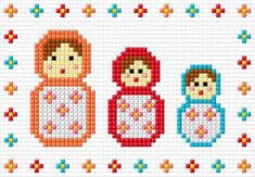 the cross stitch pattern shows three dolls in different colors