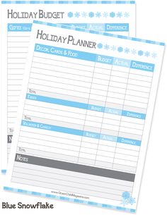 two blue snowflake holiday planner pages with the words holiday planner and holidays on them