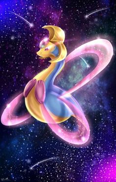 a cartoon character flying through the air in front of some space and stars with bright colors