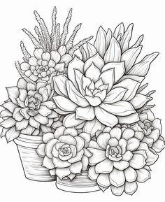 a potted plant with succulents and flowers in it on a white background