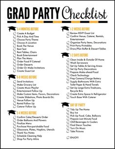 a graduation party checklist with black and yellow details on it, including the words grad party checklist