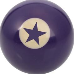 a purple pool ball with a white star on the center and black stars on the side