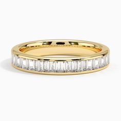 Channel Set Baguette Lab Diamond Wedding Ring (1 ct. tw.) - 18K Yellow Gold. This stunning band features a row of baguette cut lab diamonds secured in a channel that extends halfway down the shank for eye-catching sparkle.  This Most Loved piece displays the best and brightest in fashion and design and is beloved by Brilliant Earth designers and customers alike. Wedding Band Baguette Diamond, Channel Set Diamond Wedding Band, Channel Set Wedding Band Stack, Gold Baguette Wedding Band, Two Tone Wedding Rings, Beveled Wedding Band, Emerald Cut Wedding Band, Wedding Stack, Rose Gold Wedding Ring Sets