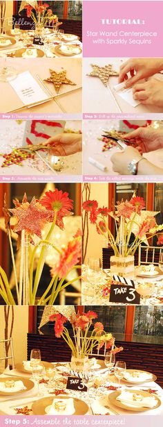 the table is set with flowers and place settings