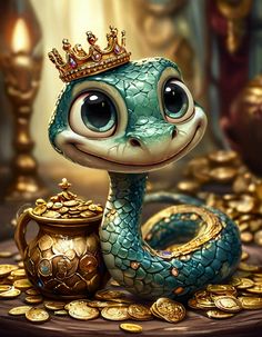 a cartoon snake with a crown on top of it's head next to some gold coins