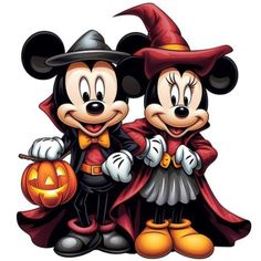 two mickey mouses dressed up as witches and one is holding a jack - o'- lantern