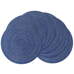 three blue placemats are shown on a white background, one is round and the other is circular