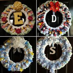 four different wreaths with the letters e, f, and s on them are shown