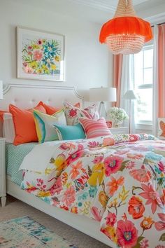 a bedroom with bright colored bedding and colorful pillows on the bed, along with a chandelier hanging from the ceiling