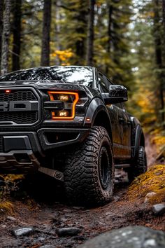 a black truck is driving through the woods