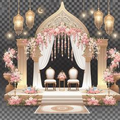 a wedding stage decorated with flowers and chandeliers on a checkered background illustration