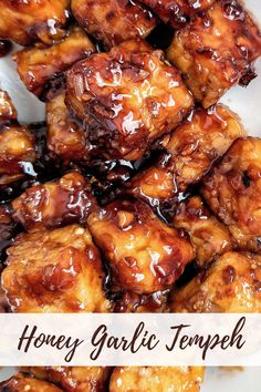 honey garlic tempeh on a plate with text overlay