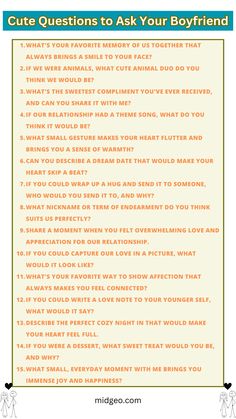 an orange and white poster with the words cute questions to ask your boyfriend on it