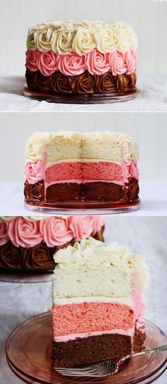 three different layers of cake with pink and white frosting