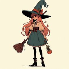 a woman dressed as a witch holding a broom and pumpkin in one hand while standing on the other