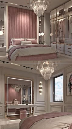 two pictures of a bedroom with chandelier, bed and mirror in the middle