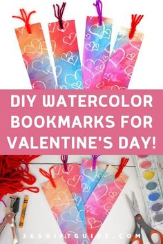 valentine's day craft for kids with watercolor bookmarks and scissors on the table