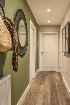 Narrow Hallway Decor Design Narrow Hallway Wall Colors, Colourful Narrow Hallway Ideas, House Hall Colour Ideas, Hallway No Windows Ideas, Passage Colour Ideas, Entrance Colour Ideas, Hallway Ideas Flat, Dark Corridor Ideas, Moss Green Hallway