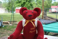 a red teddy bear sitting on top of a picnic table