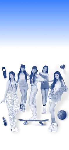 four young women are posing with skateboards and basketballs in front of a white background