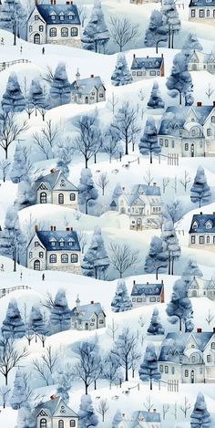 a snowy landscape with houses and trees