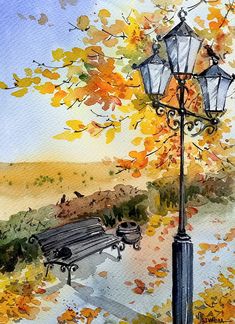 a watercolor painting of a park bench and lamp post with autumn leaves on the ground