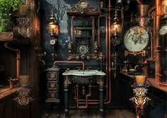 an old fashioned bathroom is decorated in black and gold with clocks on the wall above the sink