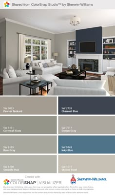 the color scheme for this living room is gray and blue, while the other colors are white