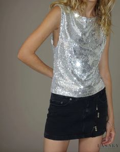 Lasaky - Relaxed Fit Sleeveless Vest with Casual and Sparkling Detailing Fest Outfits, Chique Outfits, Party Fits, Weave Style, Sequin Tank Tops, Festival Looks, Mode Inspo, Going Out Outfits, Sequin Top