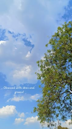 there is a tree and some clouds in the sky with an inspirational quote on it