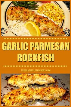 garlic parmesan rockfish recipe on a plate with lemon wedges and rice