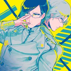 two anime characters are standing together in front of a yellow and blue background, one is holding her hand to her ear