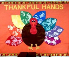 a turkey made out of handprints on a bulletin board