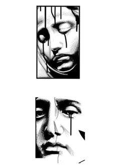 two black and white images with faces in the middle one has tears on his face