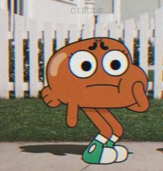 an orange cartoon character standing on top of a skateboard in front of a white picket fence