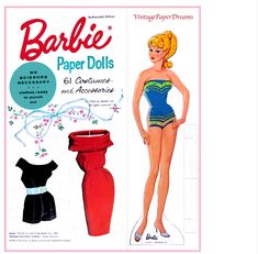 an advertisement for barbie paper dolls featuring a woman in swimsuit