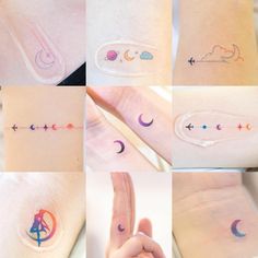 six different tattoos on the wrist and arm, each with an arrow in the middle