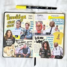 an open notebook with pictures of people on it and a yellow pen next to it