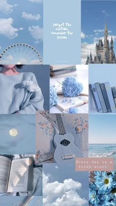 a collage of photos with blue flowers, books and a castle in the background