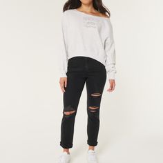 Nwt. Black W Destroyed Detailing. Size W24 Regular --- Body:98% Cotton, 2% Elastane / Pocket Bag:80% Polyester, 20% Cotton To Avoid Color Transfer, Wash Before Wear, Turn Garment Inside Out Machine Wash Cold, With Like Colors Do Not Bleach Tumble Dry Low Warm Iron If Needed Do Not Dry Clean Black Mom Jeans, Jeans Hollister, Curvy Jeans, Hollister Jeans, Extra Fabric, Colored Jeans, Jeans Fit, Stretch Denim, Hollister