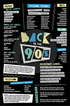 the back to the 90's poster is shown on a black background with blue and yellow lettering