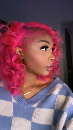 black girls pink hair Pink Black Hair Black Women, Fusha Hair Color Black Women, Neon Pink Natural Hair, Pink Hair Color Ideas For Black Women, Hot Pink Hair On Black Women, Short Pink Curly Hair Black Women, Hot Pink Natural Hair, Dark Skin With Pink Hair, Neon Pink Hair Black Women