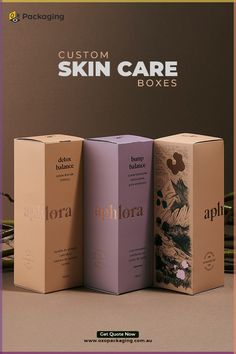 three boxes are stacked on top of each other in front of a brown background with the words, custom skin care boxes