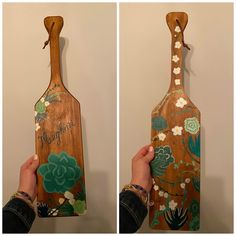 two pictures of a wooden paddle with flowers painted on it